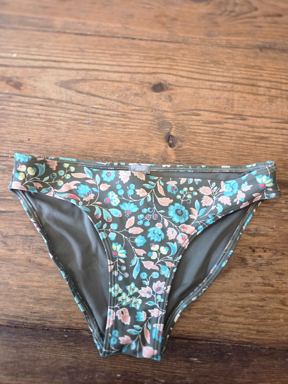American Eagle-Aerie Olive Green Floral Bikini Bottom with Teal & Pink Accents